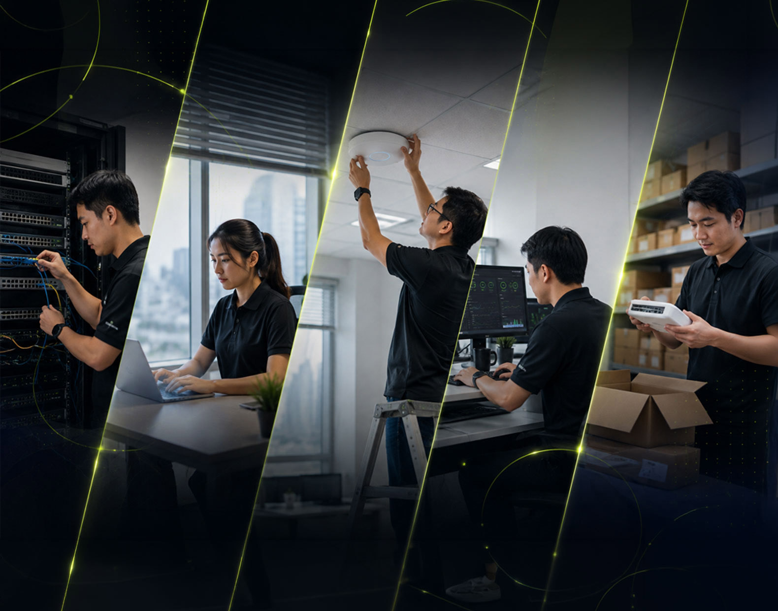 Camtech engineers at work — cabling a switch rack, working at a laptop, installing a ceiling access point, monitoring network dashboards, and checking stock in the warehouse